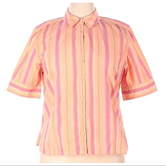 Ann Taylor Tops - Ann Taylor Striped Split Neck Button Down Short Sleeve Blouse Shirt Top Orange